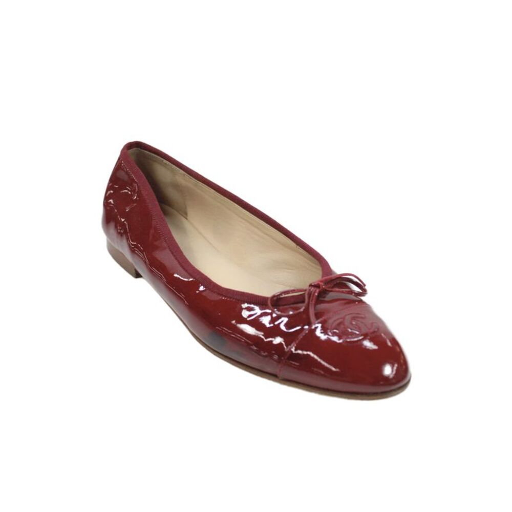 Chanel Womens Patent Leather Embossed CC Bow Tied Flats Red Size EUR 41